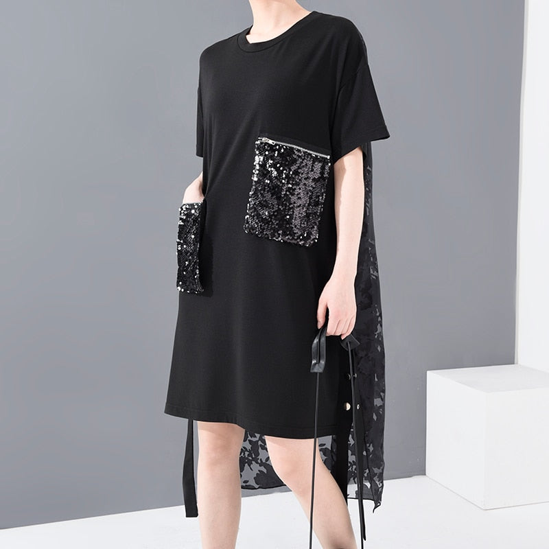 Black Sequin Split Oversized Dress with Back Lace