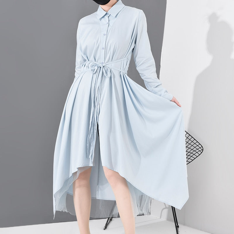 Blue Asymmetrical Hem Shirtdress