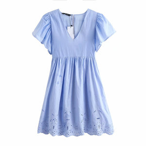 Blue Hollow Out Embroidery Dress