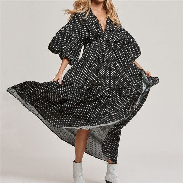 Oversized Dot Printed Tassel Summer Dress