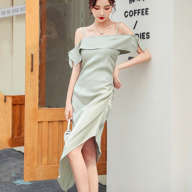 Asymmetric Ruffles Draped Dress