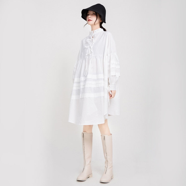 High Neck Ruffle Shirtdress with Drawstrings