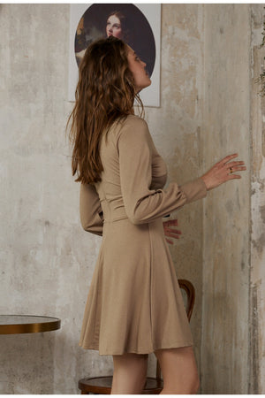 Elegant Khaki Turtleneck Dress with Belted Waist