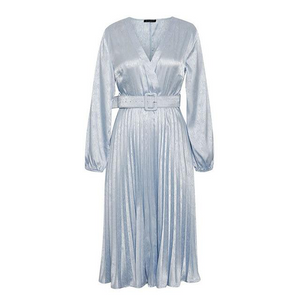 Elegant Blue Pleated A-line Long Sleeve Dress