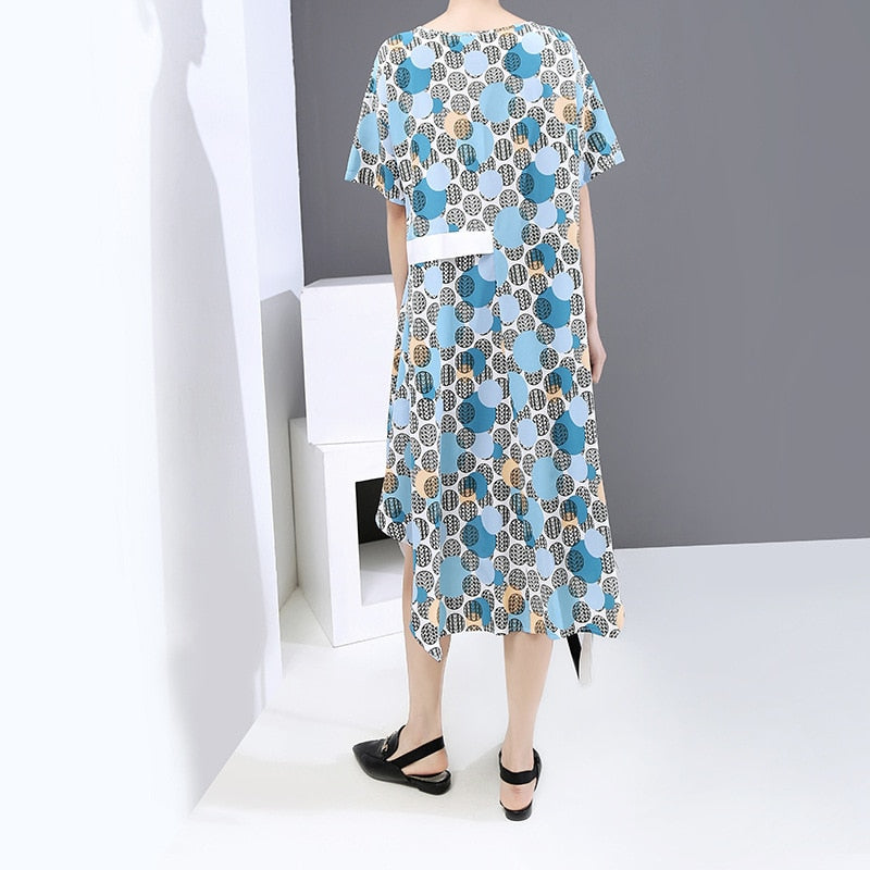 Blue Dot Pattern Printed Oversized Dress