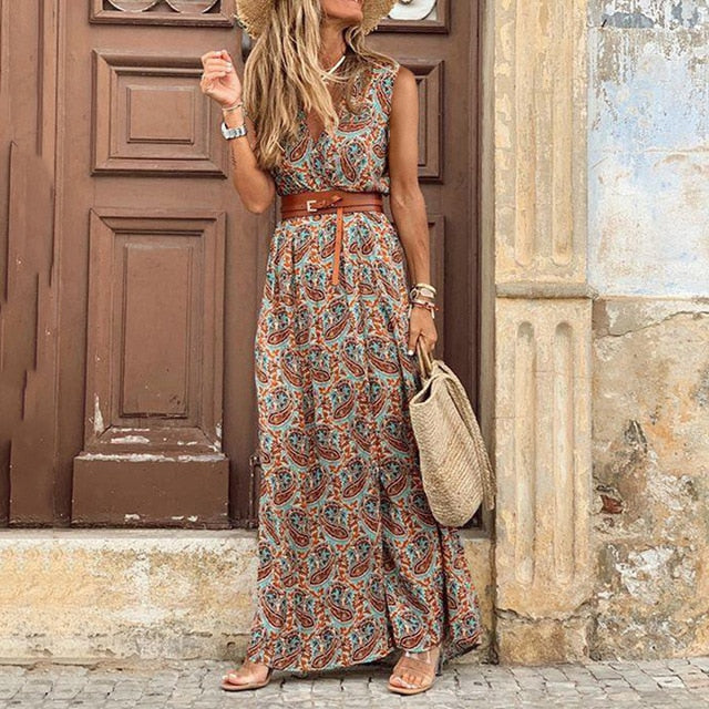 Bohemian Summer Maxi Dress with High Slit