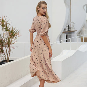 Elegant Polka Dot Wrap Dress with Puff Sleeves