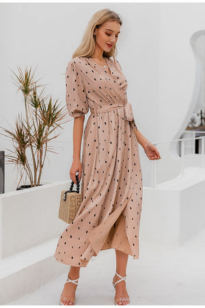 Elegant Polka Dot Wrap Dress with Puff Sleeves