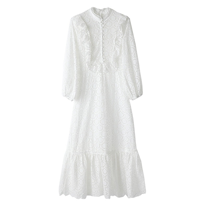 White Hollow Out Dress with Lantern Sleeves