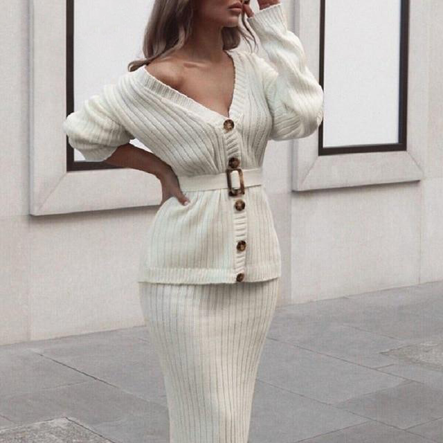 V-Neck Two-Piece Knitted Sweater Dress