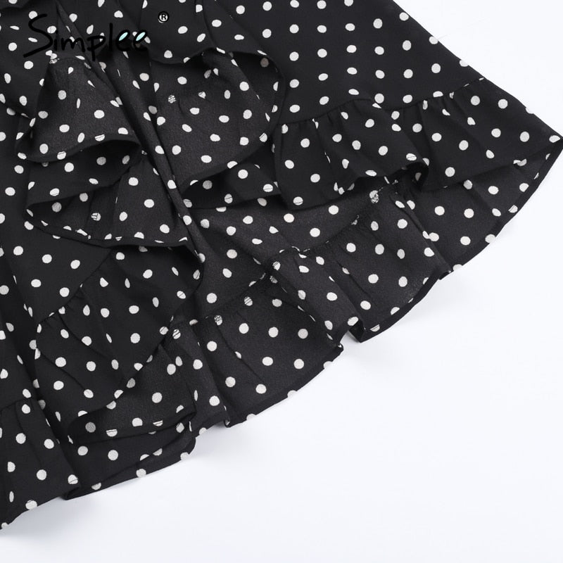 Polka Dot Ruffle Wrap Dress Black & White