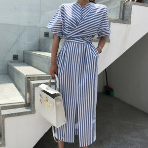 Blue Striped Slit Long Dress with Sash Bow